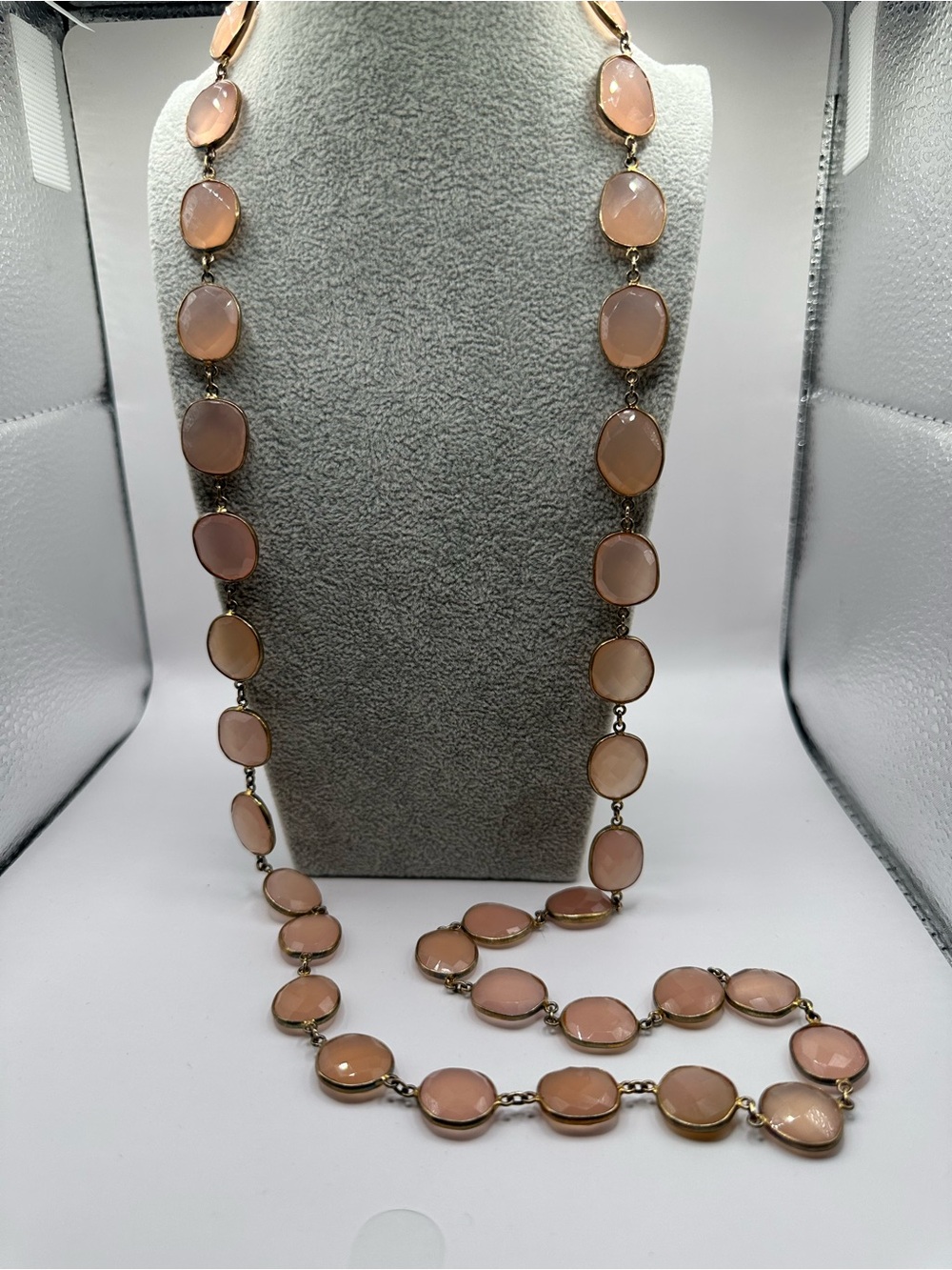 Blush Pink Faceted Glass Beaded Long Opera Necklace | Gold Tone Station Chain